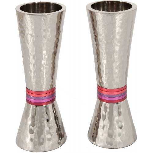 Yair Emanuel Hammered Nickel Cone Candlesticks - Colored Rings