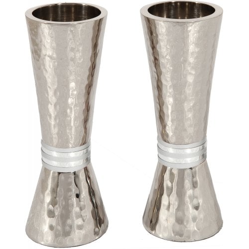 Yair Emanuel Hammered Nickel Cone Candlesticks - Colored Rings