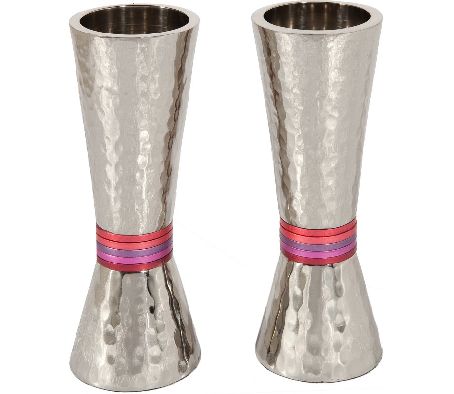 Yair Emanuel Hammered Nickel Cone Candlesticks - Colored Rings