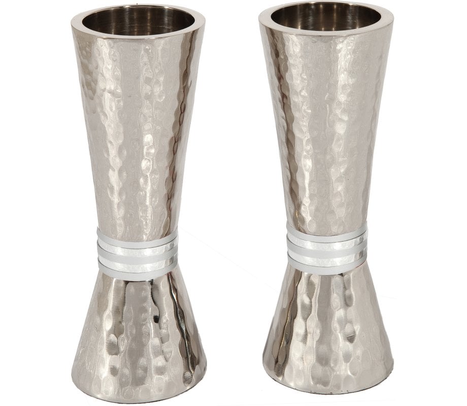 Yair Emanuel Hammered Nickel Cone Candlesticks - Colored Rings