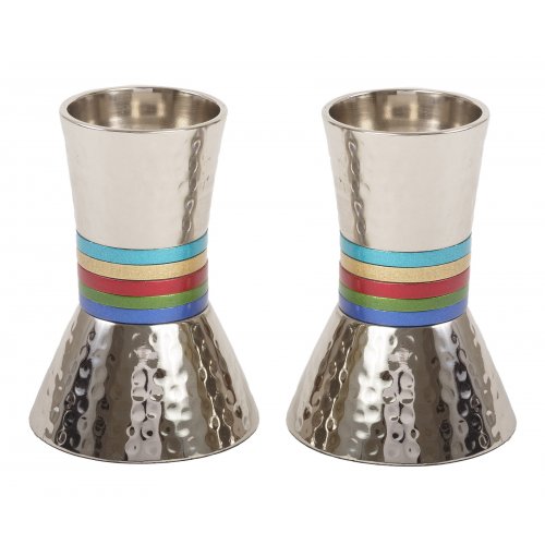 Yair Emanuel Hammered Nickel Cone Candlesticks Small - Colored Stripes