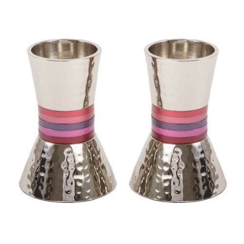 Yair Emanuel Hammered Nickel Cone Candlesticks Small - Colored Stripes