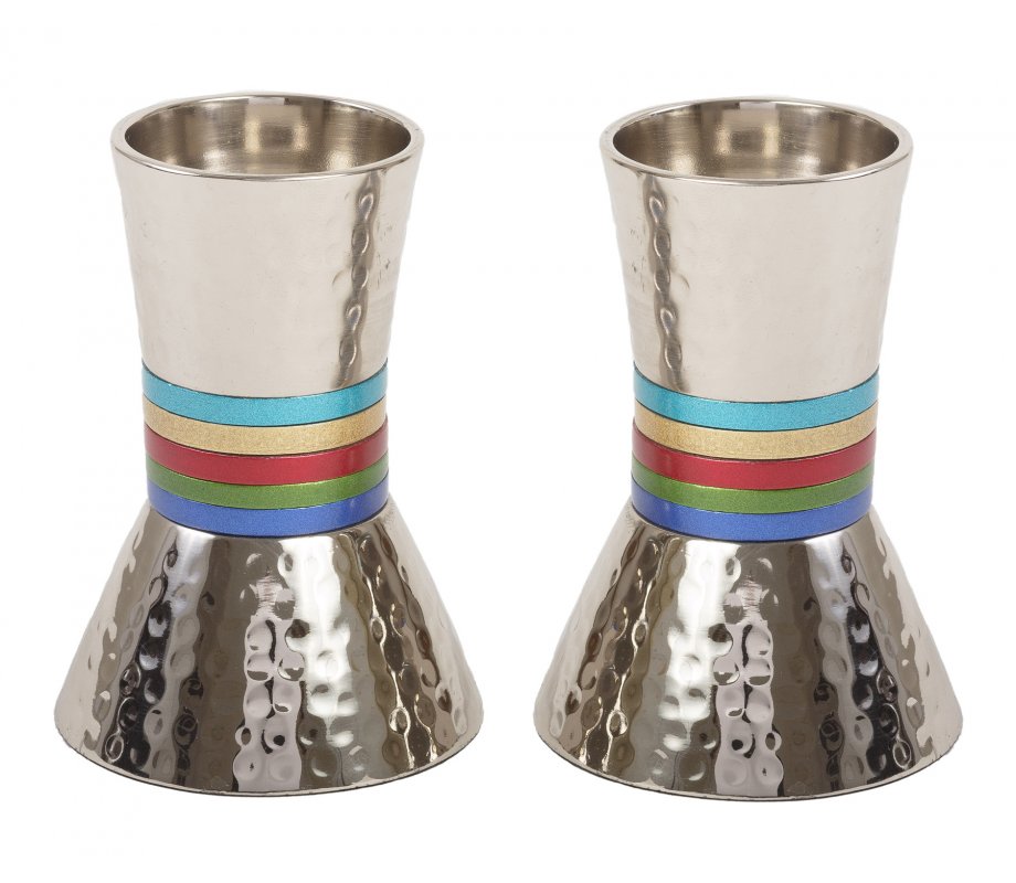 Yair Emanuel Hammered Nickel Cone Candlesticks Small - Colored Stripes