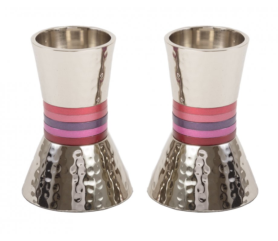Yair Emanuel Hammered Nickel Cone Candlesticks Small - Colored Stripes