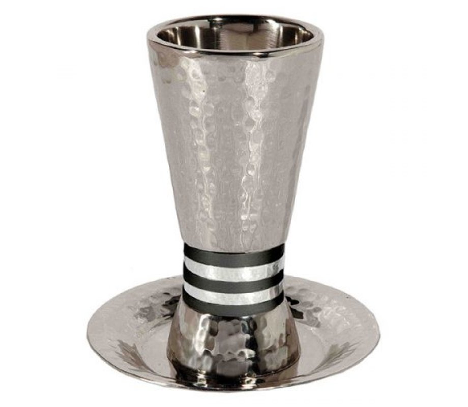 Yair Emanuel Hammered Nickel Cone Kiddush Cup Set - Black and Silver Rings