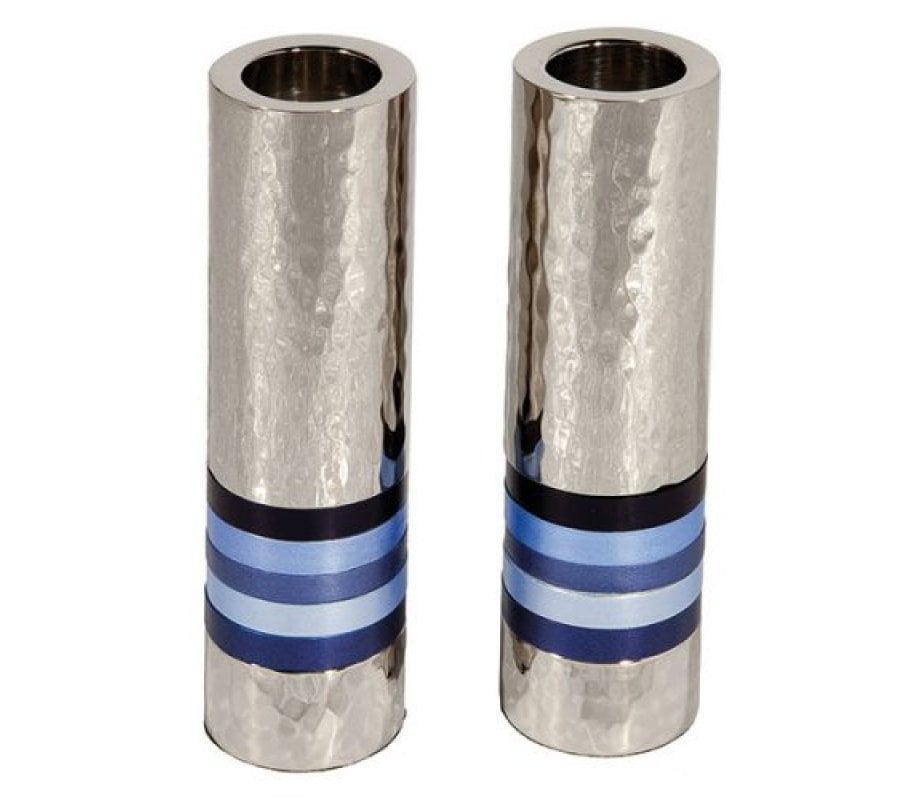 Yair Emanuel Hammered Nickel Cylinder Candlesticks - Blue Bands