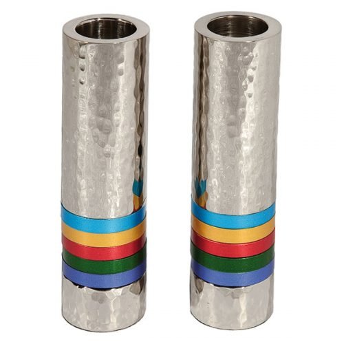 Yair Emanuel Hammered Nickel Cylinder Candlesticks - Multicolor Bands