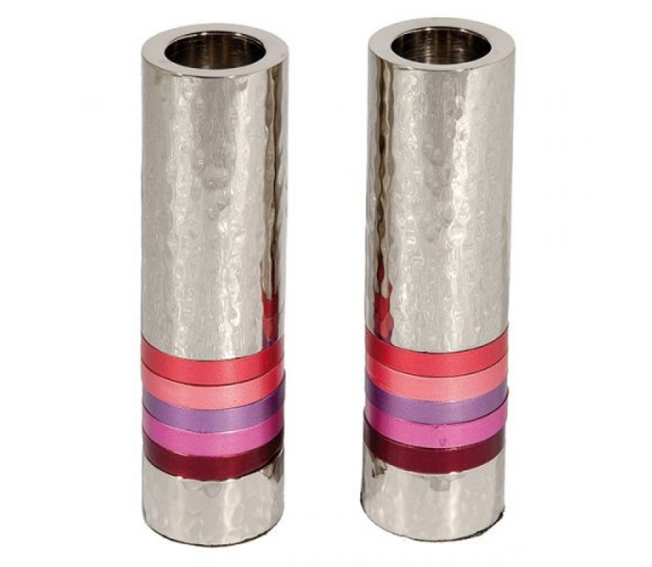 Yair Emanuel Hammered Nickel Cylinder Candlesticks - Pink Bands
