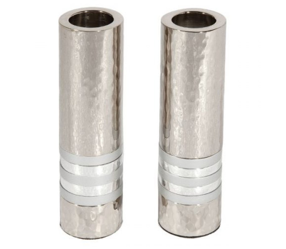 Yair Emanuel Hammered Nickel Cylinder Candlesticks - Silver Bands