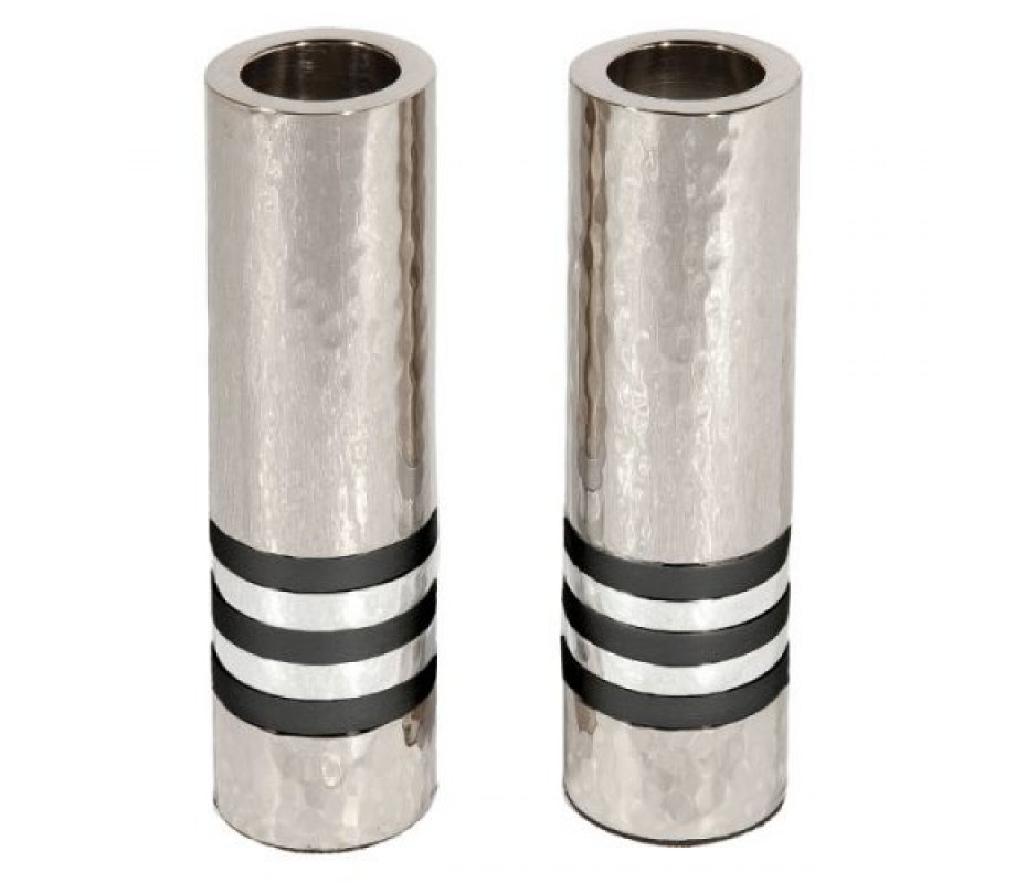 Yair Emanuel Hammered Nickel Cylinder Candlesticks - Silver and Black Bands
