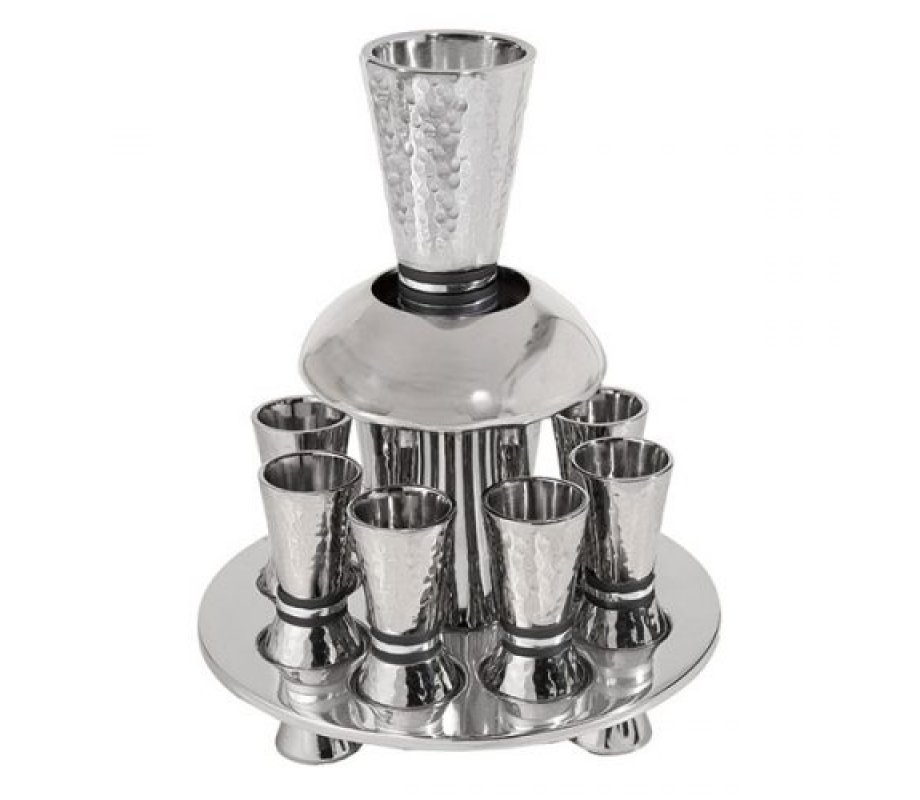 Yair Emanuel Hammered Nickel Kiddush Fountain Set 8 Cups - Silver and Gray Rings