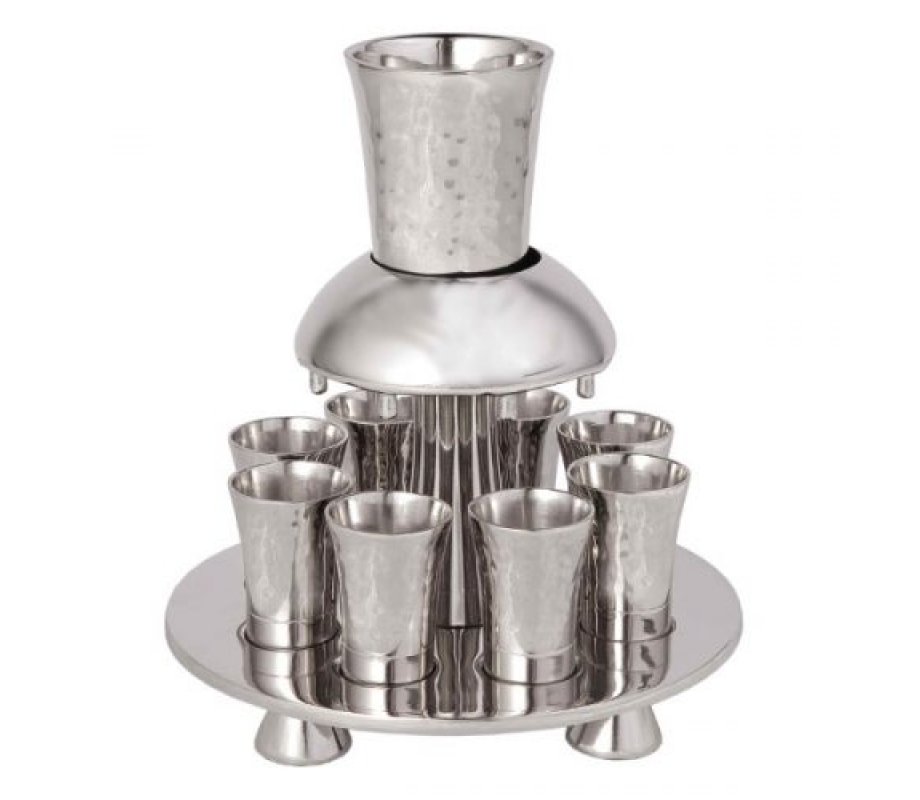 Yair Emanuel Hammered Nickel Kiddush Fountain Set, Eight Cups - Silver Bands