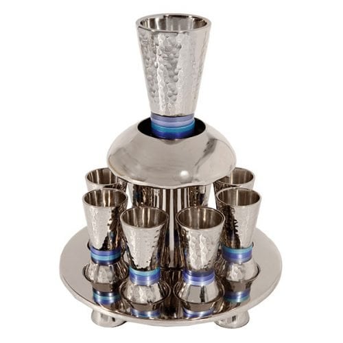 Yair Emanuel Hammered Nickel Kiddush Fountain on Tray with 8 Cups - Blue Rings