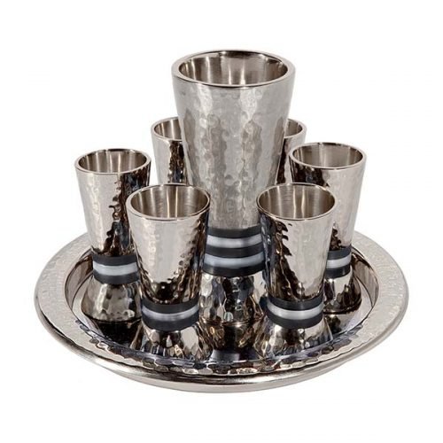 Yair Emanuel Hammered Nickel Kiddush Goblet and 6 Cups with Tray - Black Rings