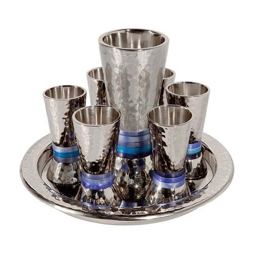 Yair Emanuel Hammered Nickel Kiddush Goblet and 6 Cups with Tray - Blue Rings