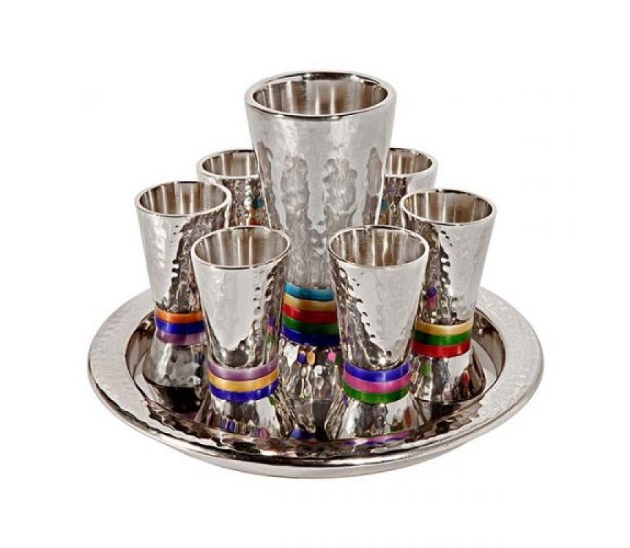Yair Emanuel Hammered Nickel Kiddush Goblet and 6 Cups with Tray - Multicolor