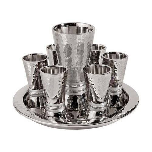 Yair Emanuel Hammered Nickel Kiddush Goblet and 6 Cups with Tray - Silver Rings