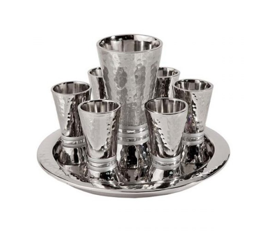 Yair Emanuel Hammered Nickel Kiddush Goblet and 6 Cups with Tray - Silver Rings