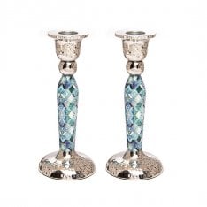 Yair Emanuel Hammered Stainless Steel Blue Geometric Design Candlesticks