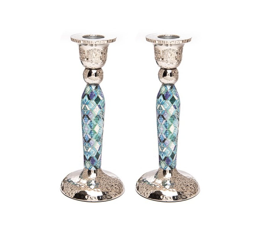 Yair Emanuel Hammered Stainless Steel Blue Geometric Design Candlesticks