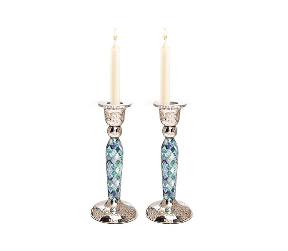 Yair Emanuel Hammered Stainless Steel Blue Geometric Design Candlesticks