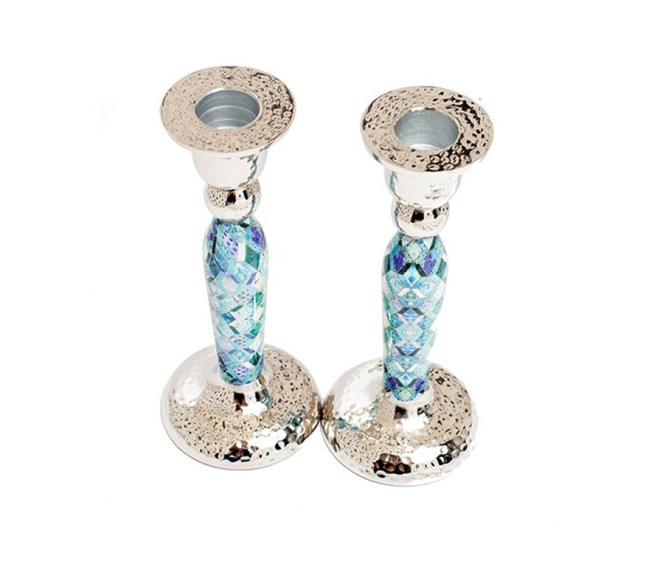 Yair Emanuel Hammered Stainless Steel Blue Geometric Design Candlesticks