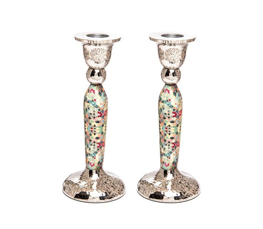 Yair Emanuel Hammered Stainless Steel Colorful Design Candlesticks