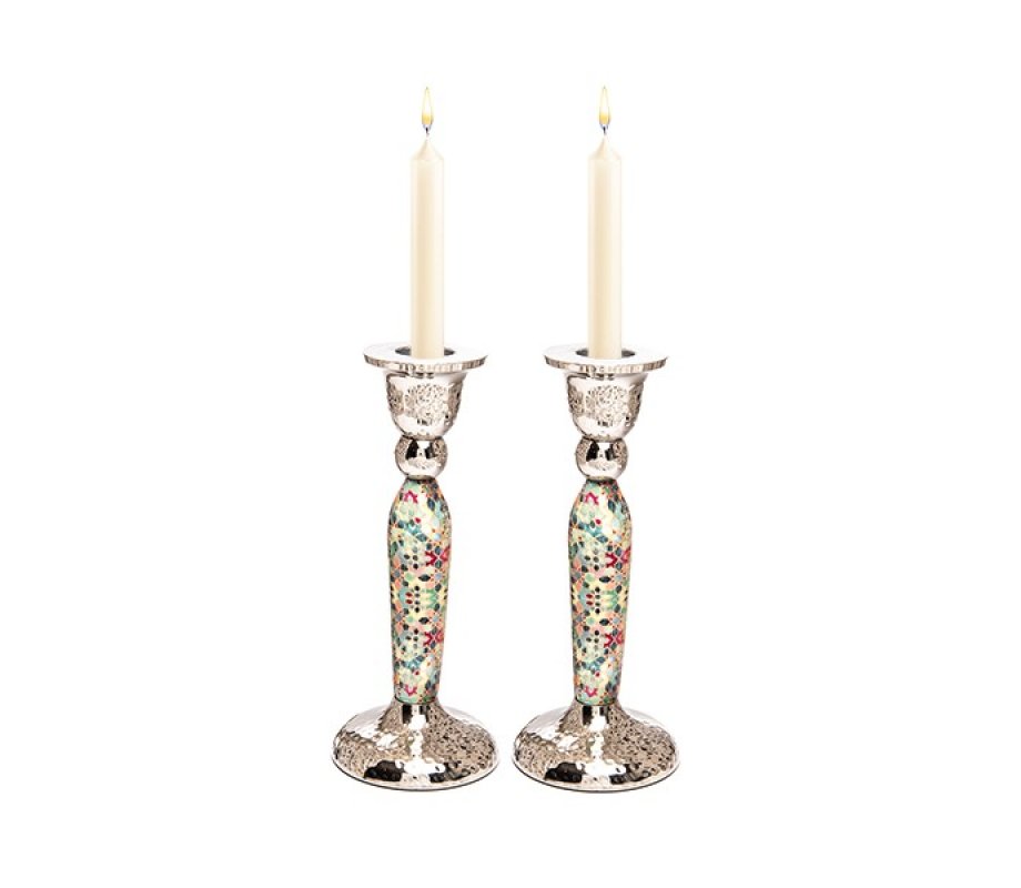 Yair Emanuel Hammered Stainless Steel Colorful Design Candlesticks