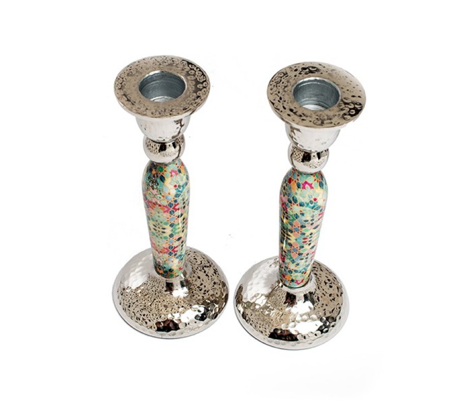 Yair Emanuel Hammered Stainless Steel Colorful Design Candlesticks