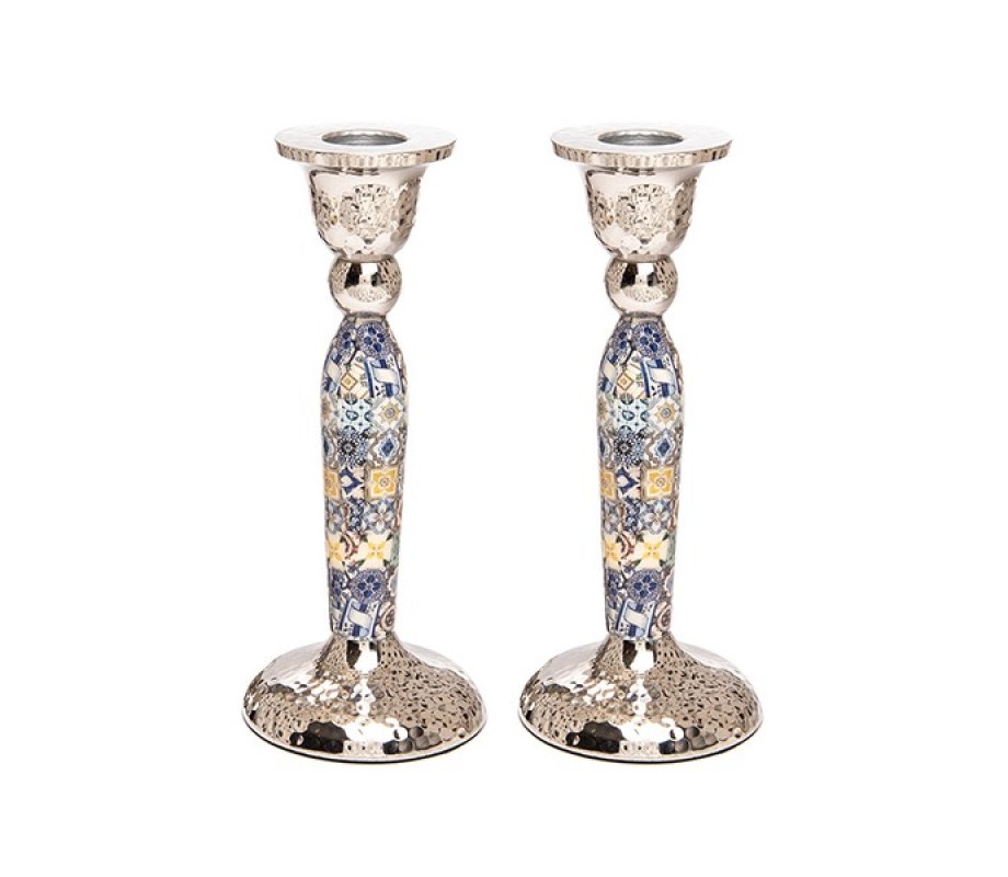 Yair Emanuel Hammered Stainless Steel Colorful Geometric Design Candlesticks