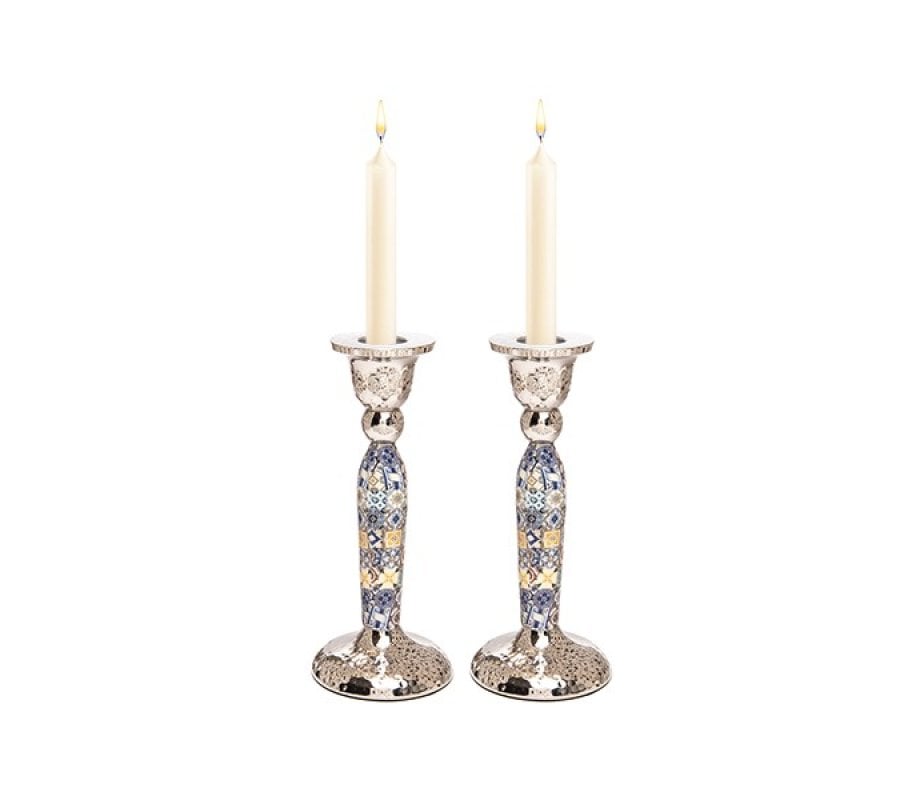 Yair Emanuel Hammered Stainless Steel Colorful Geometric Design Candlesticks