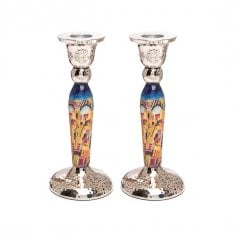 Yair Emanuel Hammered Stainless Steel Jerusalem Design Candlesticks
