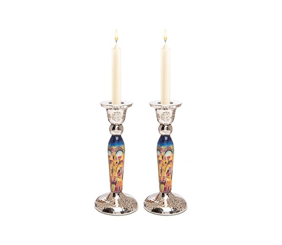 Yair Emanuel Hammered Stainless Steel Jerusalem Design Candlesticks