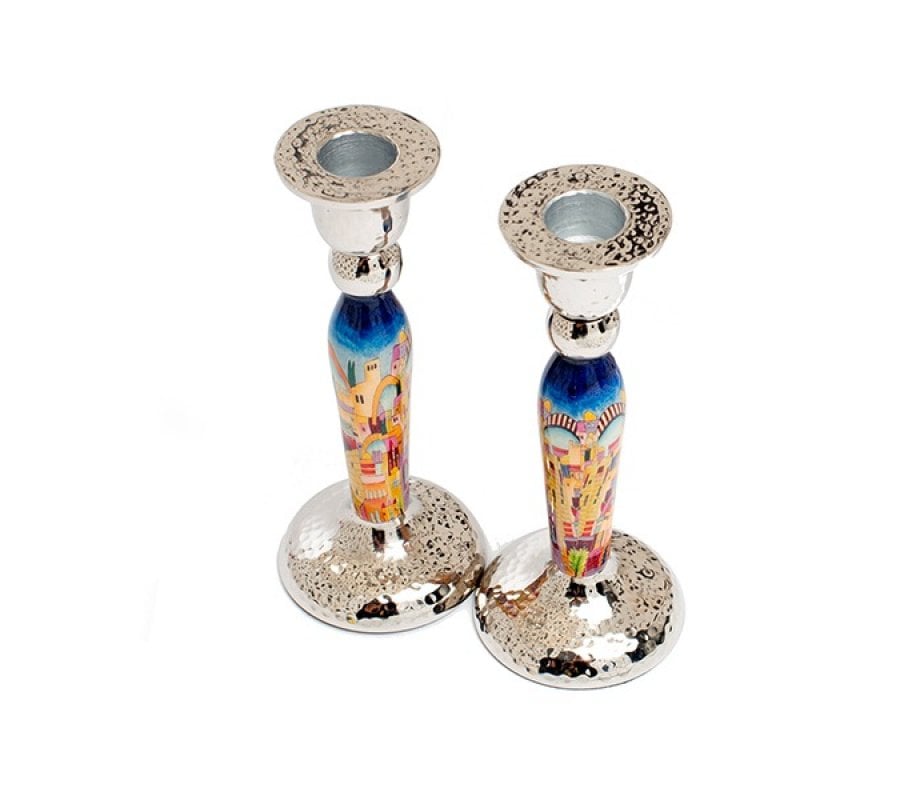 Yair Emanuel Hammered Stainless Steel Jerusalem Design Candlesticks
