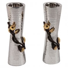 Yair Emanuel Hammered Two Tone Metal Pomegranate Design Candlesticks