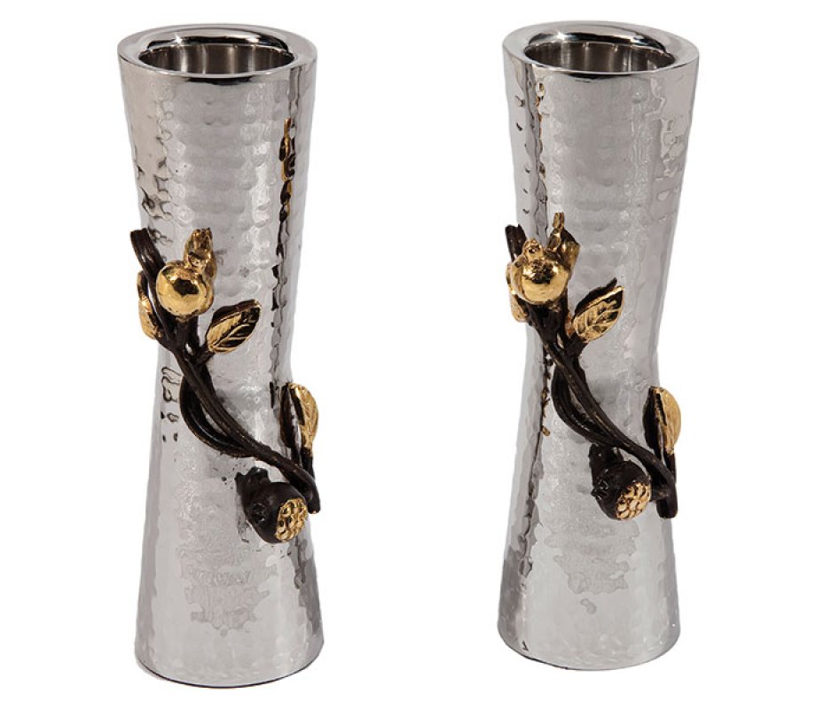 Yair Emanuel Hammered Two Tone Metal Pomegranate Design Candlesticks