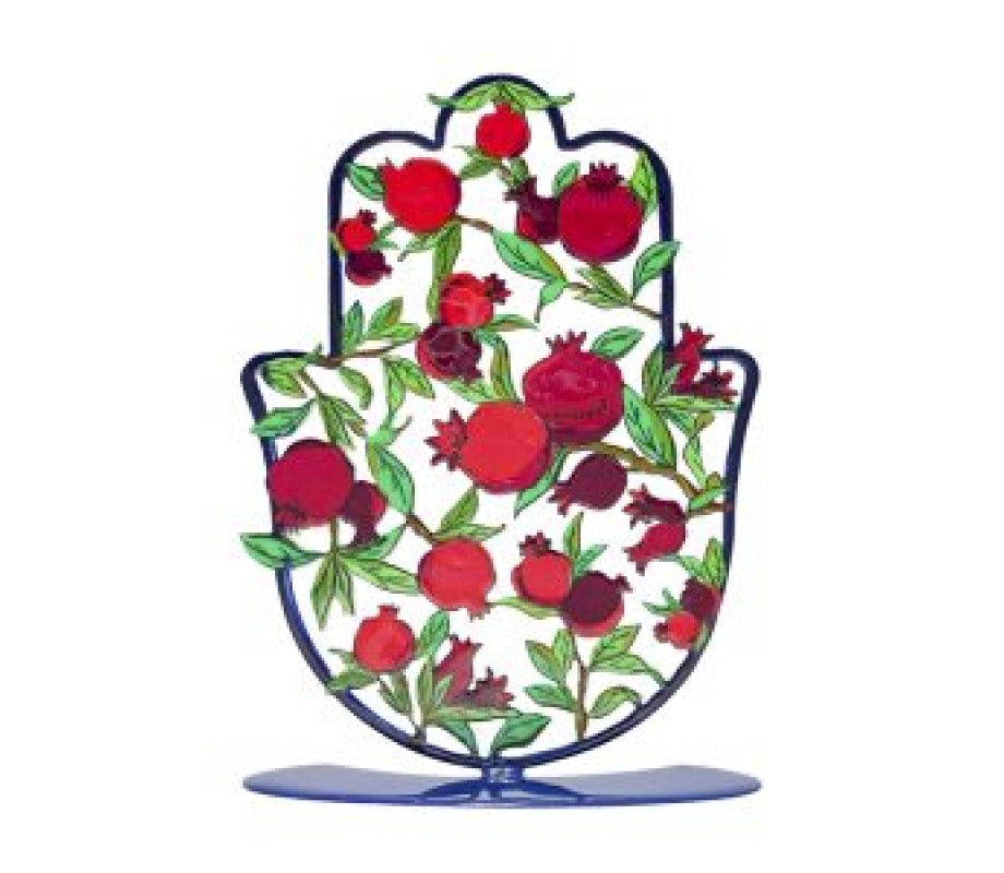 Yair Emanuel Hamsa Sculpture on Stand, Red Pomegranates – Small