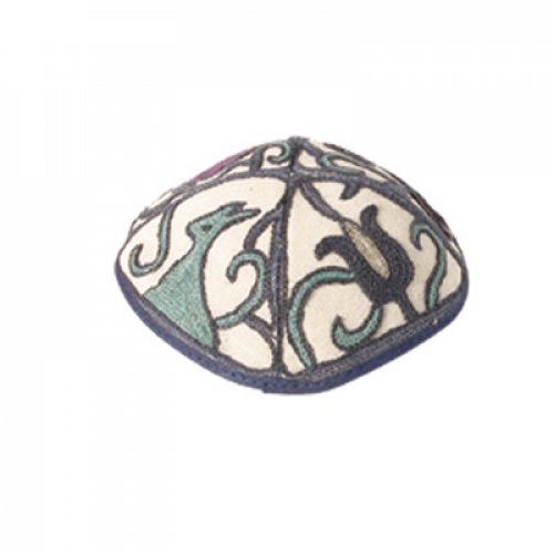 Yair Emanuel Hand Embroidered Cotton Kippah, Blue - Birds & Flowers