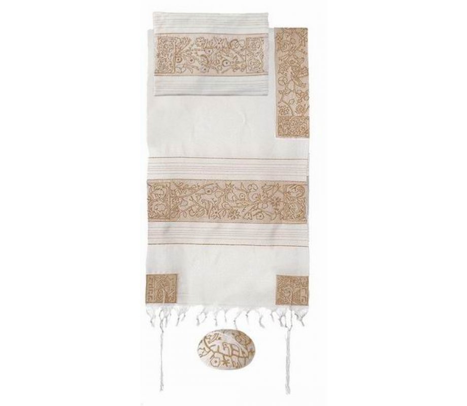 Yair Emanuel Hand Embroidered Cotton Tallit Set, Flowers & Matriarchs - Gold