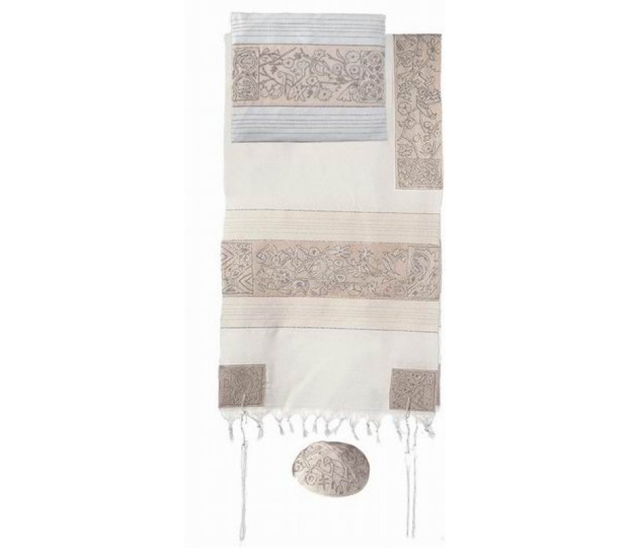 Yair Emanuel Hand Embroidered Cotton Tallit Set, Flowers & Matriarchs - Silver