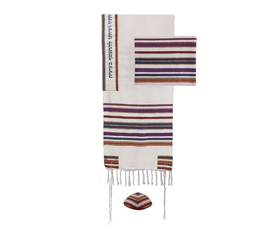 Yair Emanuel Hand Embroidered Silk-Cotton Tallit Set - Colorful Stripes