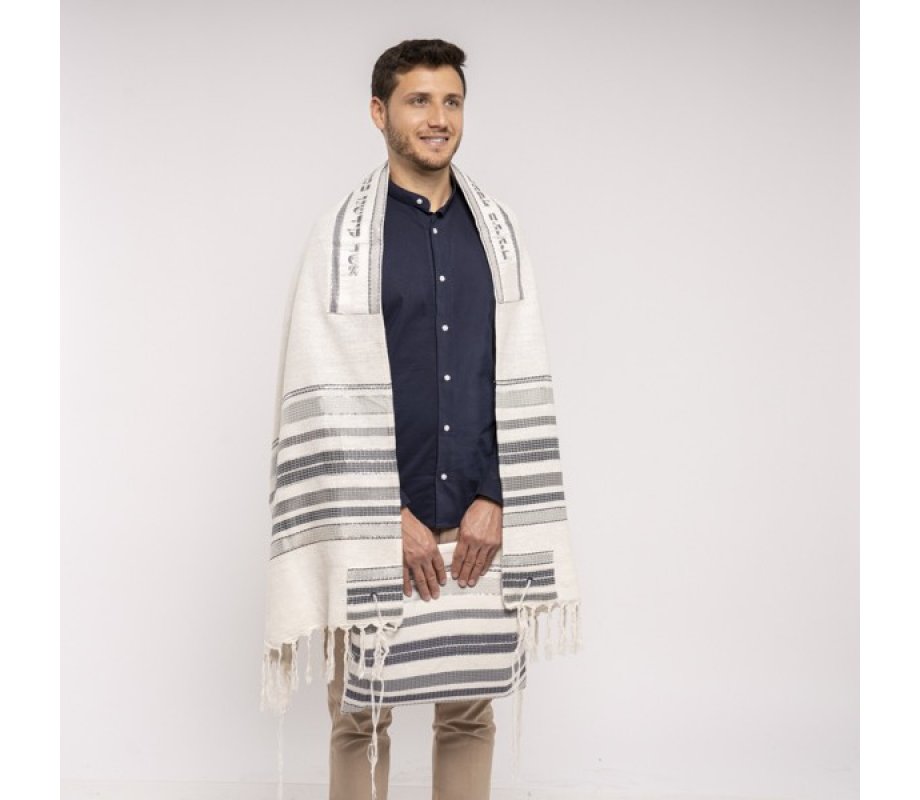 Yair Emanuel Hand Embroidered Silk-Cotton Tallit Set - Gray Stripes