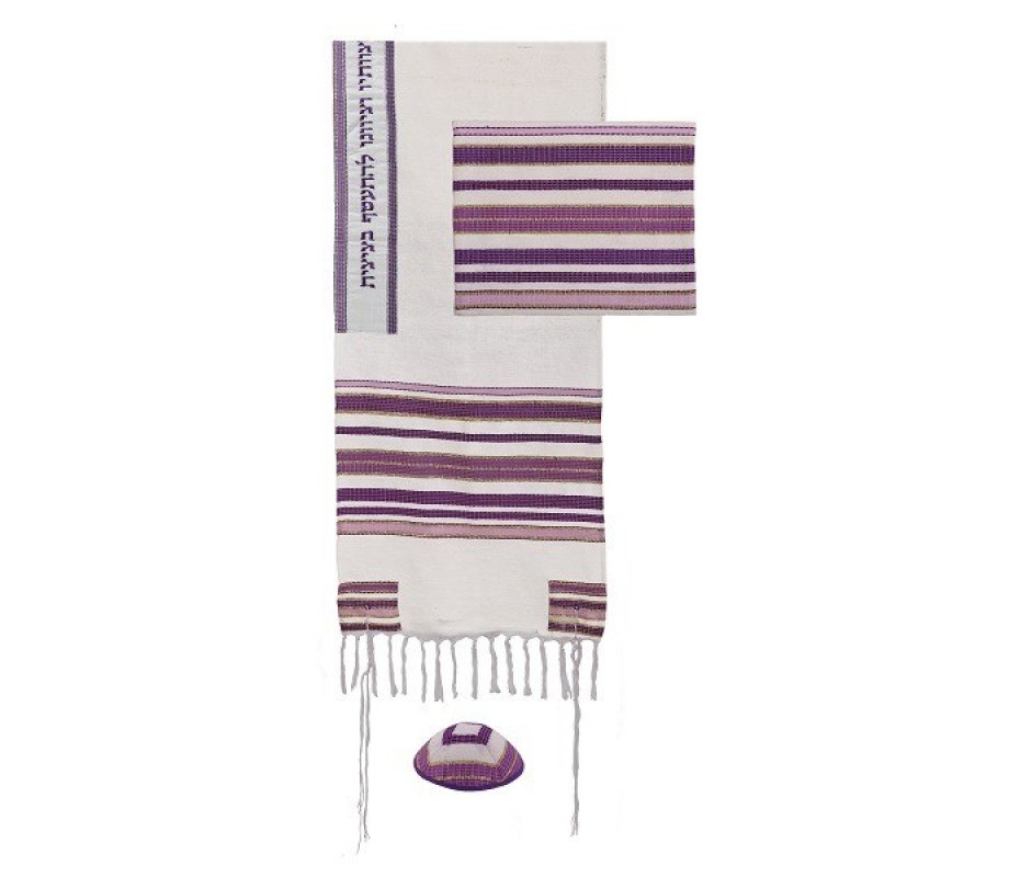 Yair Emanuel Hand Embroidered Silk-Cotton Tallit Set - Purple Stripes