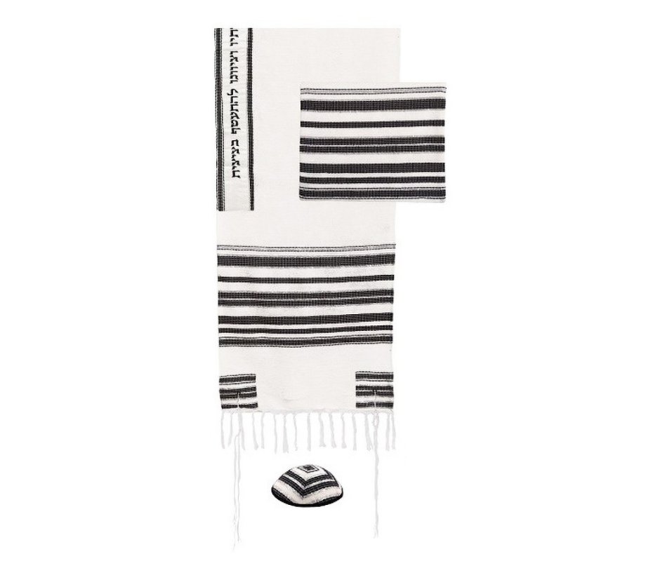 Yair Emanuel Hand Embroidered Silk-Cotton Tallit Set, Classic Black Stripes