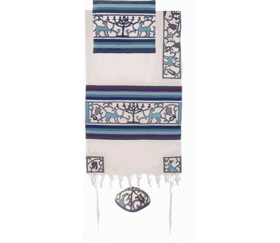 Yair Emanuel Hand Embroidered Woven Cotton Tallit Set, Blue - Paper Cut Design