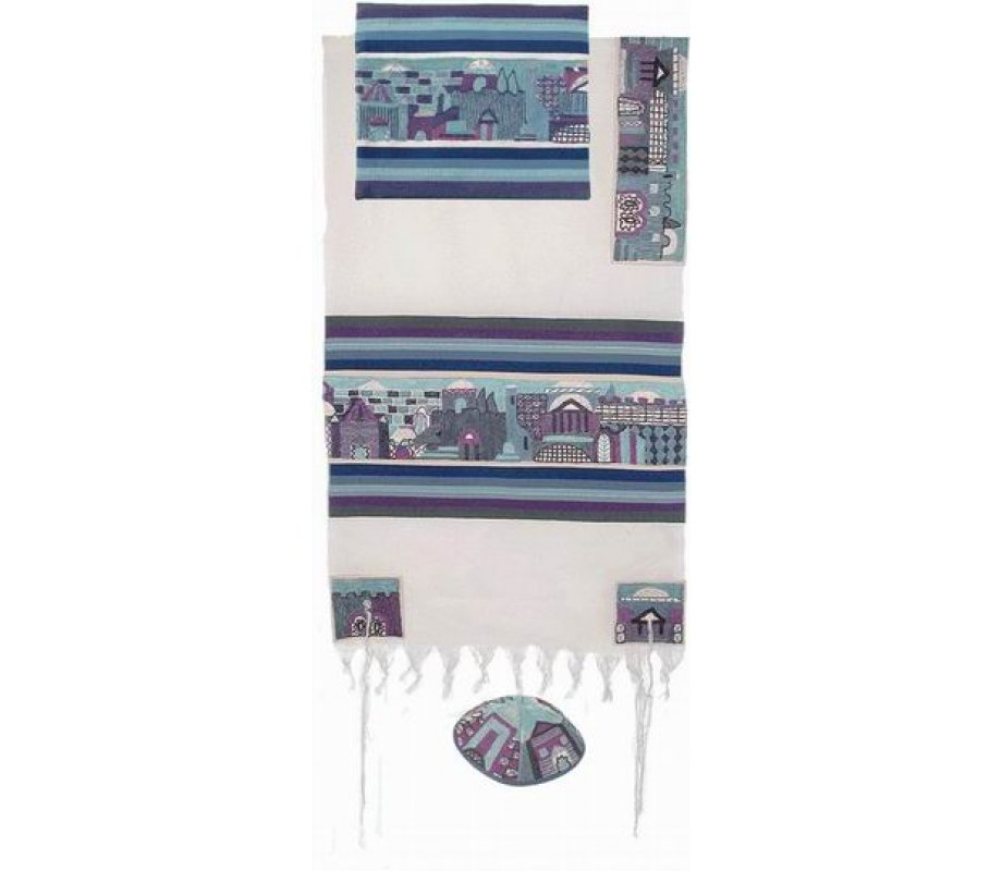 Yair Emanuel Hand Embroidered Woven Cotton Tallit Set, Jerusalem - Blue