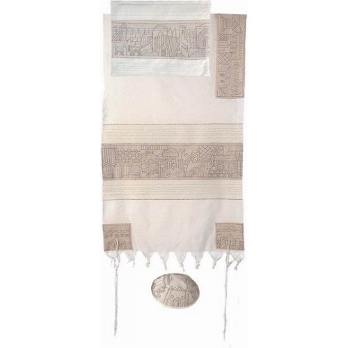 Yair Emanuel Hand Embroidered Woven Cotton Tallit Set, Jerusalem - Silver