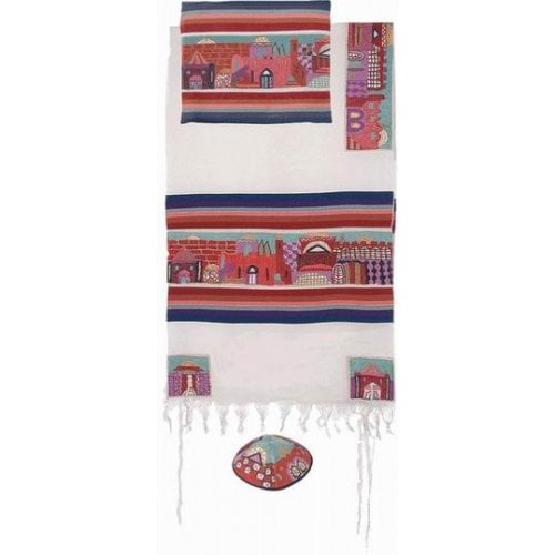 Yair Emanuel Hand Embroidery Woven Cotton Tallit Set, Jerusalem - Red