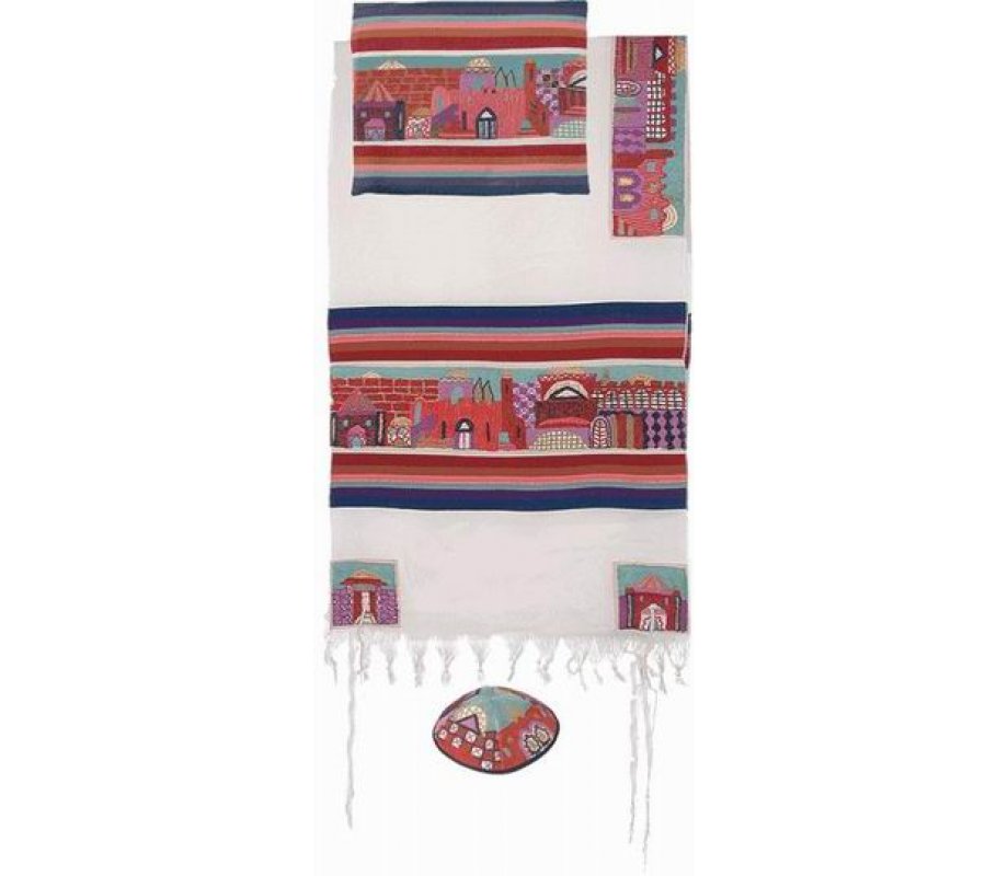 Yair Emanuel Hand Embroidery Woven Cotton Tallit Set, Jerusalem - Red
