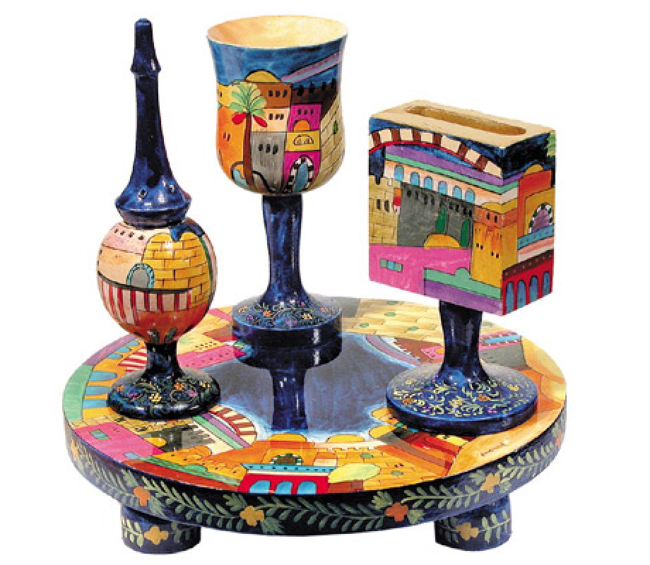 Yair Emanuel Hand Painted 4-Piece Wood Havdalah Set - Jerusalem